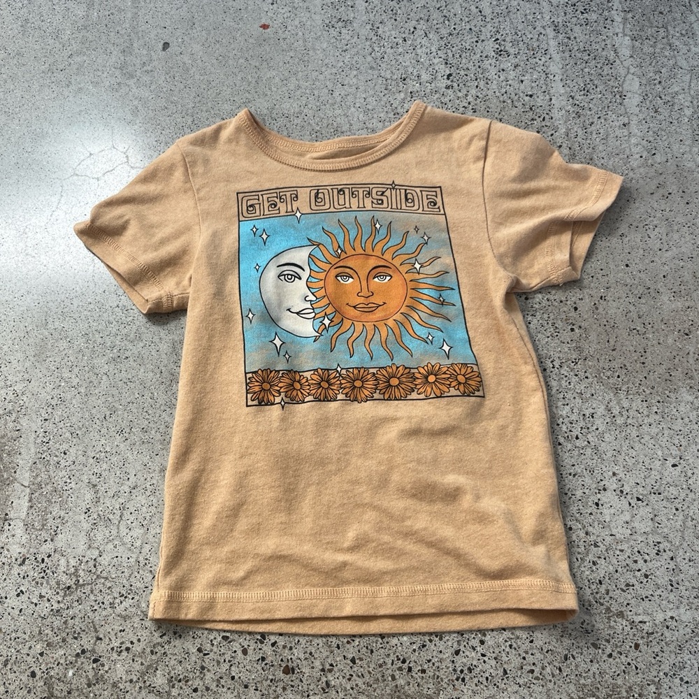 Women's Tan Graphic/Baby Tee with Sun and Moon Design